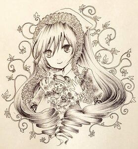 Rating: Safe Score: 0 Tags: 1girl bonnet drill_hair flower fruit hat hatsune_miku image lace long_hair looking_at_viewer monochrome ribbon smile solo suiseiseki traditional_media twin_drills twintails upper_body very_long_hair User: admin