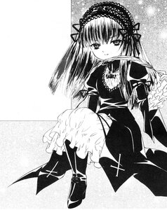 Rating: Safe Score: 0 Tags: 1girl dress frills greyscale hairband image long_hair long_sleeves looking_at_viewer monochrome solo suigintou User: admin