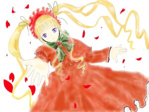 Rating: Safe Score: 0 Tags: 1girl blonde_hair bow bowtie capelet dress flower green_bow image long_hair long_sleeves looking_at_viewer petals purple_eyes red_dress rose rose_petals shinku solo twintails white_background User: admin