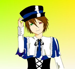 Rating: Safe Score: 0 Tags: blue_dress blue_neckwear brown_hair frills green_eyes hat heterochromia image long_sleeves looking_at_viewer red_eyes ribbon simple_background smile solo souseiseki top_hat upper_body yellow_background User: admin