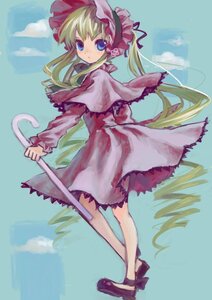 Rating: Safe Score: 0 Tags: 1girl blonde_hair blue_eyes blue_sky bow capelet cloud dress full_body image long_hair long_sleeves looking_at_viewer looking_back outdoors shinku shoes sky solo standing User: admin