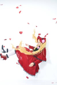 Rating: Safe Score: 0 Tags: 1girl blonde_hair closed_eyes dress flower high_heels long_hair petals red_dress rose shinku sitting solo striped striped_legwear vertical-striped_legwear vertical_stripes User: admin