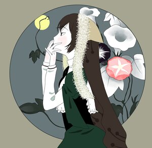 Rating: Safe Score: 0 Tags: 1girl b-ginga beige_background black_hair blush brown_eyes cowboy_shot dress flower from_side full_moon green_dress image leaf long_hair long_sleeves moon profile rozen_maiden simple_background solo suiseiseki very_long_hair User: admin
