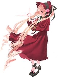 Rating: Safe Score: 0 Tags: 1girl blonde_hair blue_eyes bonnet bow capelet dress flower full_body image long_hair long_sleeves pink_flower pink_rose red_capelet red_dress red_rose rose shinku shoes solo standing twintails very_long_hair User: admin