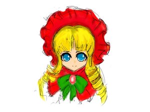 Rating: Safe Score: 0 Tags: 1girl blonde_hair blue_eyes bonnet bow bowtie dress drill_hair image long_hair long_sleeves looking_at_viewer shinku simple_background smile solo white_background User: admin