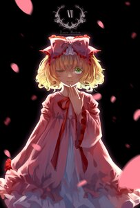 Rating: Safe Score: 0 Tags: 1girl black_background blonde_hair bow cherry_blossoms cowboy_shot dress eyebrows_visible_through_hair finger_to_mouth frills green_eyes hair_bow hand_up hinaichigo image long_sleeves looking_at_viewer one_eye_closed petals red_bow rose_petals short_hair smile solo standing wide_sleeves User: admin