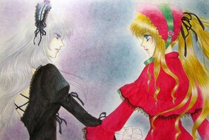 Rating: Safe Score: 0 Tags: 2girls blonde_hair blue_eyes bonnet dress eye_contact flower hairband image long_hair long_sleeves looking_at_another multiple_girls pair profile red_dress shinku suigintou traditional_media very_long_hair User: admin