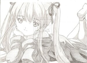 Rating: Safe Score: 0 Tags: 1girl blush greyscale hair_ribbon image long_hair looking_at_viewer lying monochrome on_stomach ribbon shinku smile solo striped traditional_media twintails User: admin