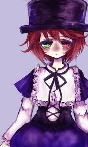 Rating: Safe Score: 0 Tags: 1girl capelet dress green_eyes hat heterochromia image long_sleeves looking_at_viewer red_eyes short_hair simple_background sitting solo souseiseki User: admin