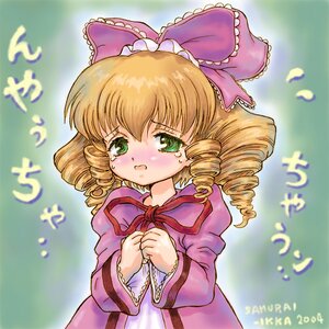 Rating: Safe Score: 0 Tags: 1girl artist_request blonde_hair blush bow child crying crying_with_eyes_open dress drill_hair green_background green_eyes hair_bow hina_ichigo hinaichigo image long_sleeves pink_bow ribbon rozen_maiden sad short_hair solo tears translation_request upper_body User: admin