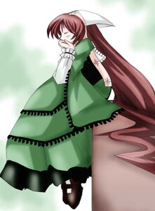 Rating: Safe Score: 0 Tags: 1girl brown_hair closed_eyes covering_mouth dress frills green_dress hand_to_own_mouth hat head_scarf image long_hair long_sleeves solo standing suiseiseki very_long_hair User: admin