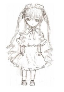 Rating: Safe Score: 0 Tags: 1girl dress full_body greyscale image long_hair long_sleeves looking_at_viewer monochrome shinku shoes simple_background solo standing twintails very_long_hair white_background User: admin