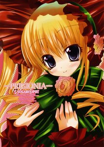 Rating: Safe Score: 0 Tags: 1girl blonde_hair blue_eyes blush bonnet dress flower image long_hair long_sleeves looking_at_viewer rose shinku simple_background smile solo upper_body User: admin