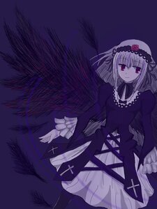 Rating: Safe Score: 0 Tags: 1girl black_wings dress flower frills hairband image long_hair long_sleeves looking_at_viewer red_eyes rose smile solo standing suigintou tree wings User: admin