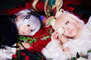 Rating: Safe Score: 0 Tags: 2girls blonde_hair flower hairband lips multiple_cosplay multiple_girls red_eyes ribbon rose silver_hair suigintou tagme white_hair User: admin