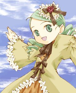 Rating: Safe Score: 0 Tags: 1girl :d cloud day dress drill_hair flower frills green_eyes green_hair hat image kanaria long_sleeves open_mouth outdoors rose sky smile solo twin_drills water yellow_dress User: admin