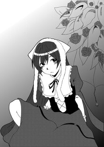 Rating: Safe Score: 0 Tags: 1girl dress flower greyscale image long_hair looking_at_viewer monochrome red_rose ribbon rose sitting solo suiseiseki User: admin