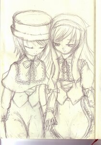 Rating: Safe Score: 0 Tags: 2girls blush capelet closed_eyes dress hat holding_hands image long_hair long_sleeves monochrome multiple_girls pair ribbon short_hair siblings sisters souseiseki suiseiseki twins User: admin