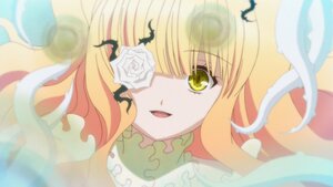 Rating: Safe Score: 0 Tags: 1girl bangs blonde_hair eyepatch flower green_eyes image kirakishou long_hair looking_at_viewer rose smile solo User: admin