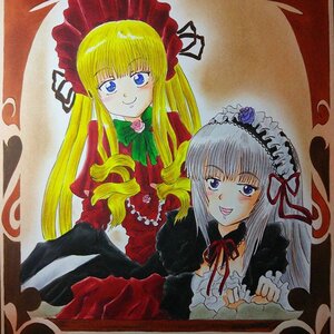 Rating: Safe Score: 0 Tags: 2girls blonde_hair blue_eyes blush bonnet bow dress flower frills image long_hair long_sleeves looking_at_viewer marker_(medium) multiple_girls pair red_dress shikishi shinku sidelocks smile suigintou traditional_media wings User: admin