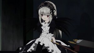 Rating: Safe Score: 0 Tags: 1girl bangs black_background dress eyebrows_visible_through_hair frills hairband holding holding_weapon image long_hair long_sleeves red_eyes sitting solo suigintou very_long_hair weapon wings User: admin