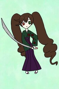 Rating: Safe Score: 0 Tags: 1girl brown_hair flower full_body green_eyes hakama heterochromia image japanese_clothes kimono long_hair red_eyes solo suiseiseki sword twintails very_long_hair weapon User: admin