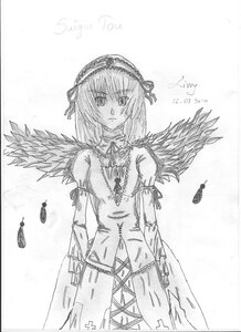 Rating: Safe Score: 0 Tags: 1girl dress feathered_wings feathers greyscale hairband image long_sleeves looking_at_viewer monochrome solo standing suigintou traditional_media white_background wings User: admin