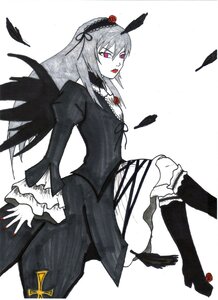 Rating: Safe Score: 0 Tags: 1girl black_wings dress feathers flower frills hairband image kneehighs long_hair long_sleeves nail_polish red_eyes red_flower rose sitting solo spot_color suigintou tongue tongue_out wings User: admin