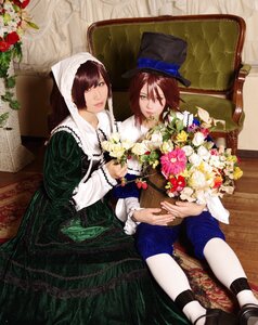 Rating: Safe Score: 0 Tags: 2boys bouquet brown_hair flower green_eyes hat hood multiple_boys multiple_cosplay red_flower red_rose rose shorts sitting tagme vase User: admin