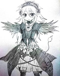 Rating: Safe Score: 0 Tags: 1girl blush dress frills gothic_lolita greyscale image lolita_fashion long_hair long_sleeves monochrome solo suigintou traditional_media wings User: admin