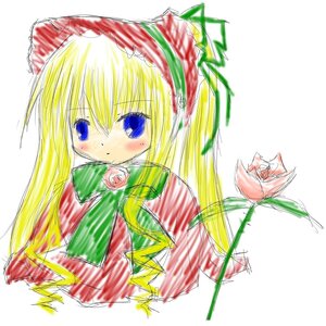 Rating: Safe Score: 0 Tags: 1girl blonde_hair blue_eyes blush bow bowtie flower image long_hair red_flower red_rose rose shinku simple_background solo white_background User: admin