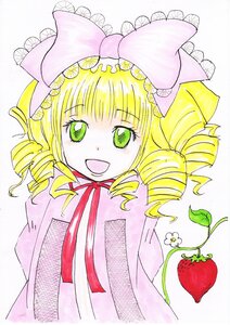 Rating: Safe Score: 0 Tags: 1girl :d blonde_hair bow dress drill_hair flower food fruit green_eyes hat hina_ichigo hinaichigo image long_sleeves looking_at_viewer open_mouth pink_bow simple_background smile solo strawberry traditional_media upper_body white_background User: admin