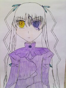 Rating: Safe Score: 0 Tags: 1girl barasuishou closed_mouth dress eyebrows_visible_through_hair hair_ribbon image long_hair long_sleeves looking_at_viewer photo ribbon simple_background solo traditional_media upper_body white_background yellow_eyes User: admin