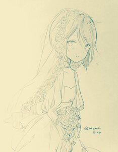 Rating: Safe Score: 0 Tags: 1girl bangs blush bouquet bridal_veil bride brown_background closed_mouth dress eyebrows_visible_through_hair flower flying_sweatdrops hair_between_eyes hair_ornament holding holding_bouquet image long_sleeves looking_at_viewer monochrome parted_lips rose sleeveless_dress solo souseiseki twitter_username veil wedding_dress white_flower User: admin