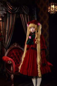 Rating: Safe Score: 0 Tags: 1girl blonde_hair blue_eyes bow curtains dress flower long_hair looking_at_viewer pantyhose red_dress rose shinku sitting solo twintails User: admin