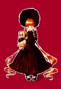 Rating: Safe Score: 0 Tags: 1girl bangs blonde_hair blunt_bangs dress full_body image long_sleeves red_background shinku simple_background solo standing umbrella User: admin