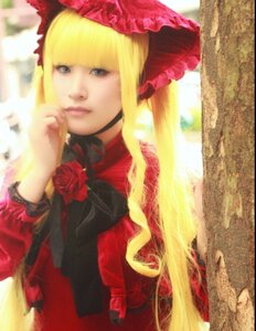 Rating: Safe Score: 0 Tags: 1girl blonde_hair blue_eyes bonnet bow dress flower lips long_hair long_sleeves photo red_dress red_flower red_rose rose shinku solo upper_body User: admin