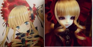 Rating: Safe Score: 0 Tags: 1girl blonde_hair blue_eyes bonnet bow close-up doll drill_hair flower long_hair looking_at_viewer multiple_views portrait shinku smile solo twintails User: admin