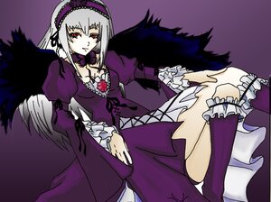 Rating: Safe Score: 0 Tags: 1girl black_wings boots detached_collar dress frilled_sleeves frills hairband image juliet_sleeves knee_boots long_hair long_sleeves looking_at_viewer puffy_sleeves purple_background red_eyes simple_background sitting solo suigintou wings User: admin