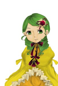 Rating: Safe Score: 0 Tags: 1girl dress drill_hair flower green_eyes green_hair hair_ornament image kanaria long_sleeves looking_at_viewer ribbon rose simple_background smile solo striped twin_drills white_background User: admin