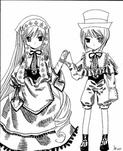 Rating: Safe Score: 0 Tags: 2girls bangs dress eyebrows_visible_through_hair frills full_body greyscale hat holding_hands image long_hair long_sleeves looking_at_viewer monochrome multiple_girls neck_ribbon pair ribbon shoes short_hair siblings sisters souseiseki standing suiseiseki top_hat twins very_long_hair User: admin