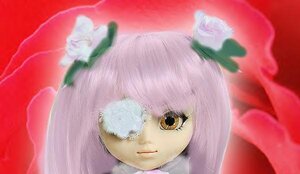 Rating: Safe Score: 0 Tags: 1girl bangs bug closed_mouth doll face flower hair_flower hair_ornament insect kirakishou leaf looking_at_viewer pink_hair portrait red_background rose smile solo white_flower yellow_eyes User: admin