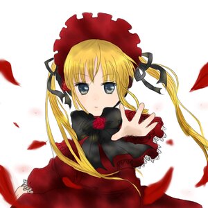 Rating: Safe Score: 0 Tags: 1girl blonde_hair blue_eyes bonnet bow dress flower image long_hair long_sleeves looking_at_viewer petals red_dress red_flower red_rose ribbon rose rose_petals shinku simple_background solo twintails white_background User: admin
