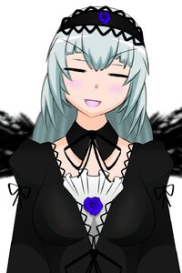 Rating: Safe Score: 0 Tags: 1girl :d black_dress blue_flower blue_rose blurry blush closed_eyes dress flower gothic_lolita hairband image lolita_fashion lolita_hairband long_hair long_sleeves open_mouth rose silver_hair simple_background smile solo suigintou upper_body white_background User: admin