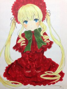 Rating: Safe Score: 0 Tags: 1girl blonde_hair blue_eyes blush bow bowtie capelet dress drill_hair flower green_bow image long_hair long_sleeves looking_at_viewer marker_(medium) red_capelet red_dress shinku sitting solo traditional_media twintails User: admin