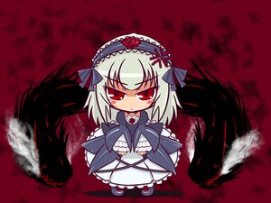 Rating: Safe Score: 0 Tags: 1girl autumn autumn_leaves bangs black_wings blush chibi dress feathers frills hairband image leaf long_sleeves looking_at_viewer maple_leaf red_background red_eyes silver_hair solo standing suigintou wings User: admin
