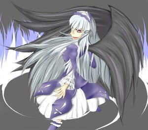 Rating: Safe Score: 0 Tags: 1girl black_wings dress frilled_sleeves frills hairband image lolita_hairband long_hair long_sleeves looking_at_viewer looking_back silver_hair solo suigintou very_long_hair wings User: admin