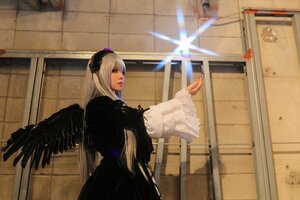 Rating: Safe Score: 0 Tags: 1girl black_dress black_wings blurry candle dress feathered_wings gothic_lolita hairband indoors lolita_fashion long_hair long_sleeves solo suigintou tiles wings User: admin