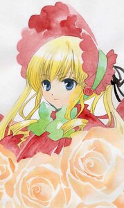 Rating: Safe Score: 0 Tags: 1girl blonde_hair blue_eyes bonnet bow bowtie drill_hair flower green_bow image long_hair long_sleeves looking_at_viewer marker_(medium) pink_flower pink_rose red_dress rose shinku sidelocks simple_background solo traditional_media twin_drills twintails upper_body white_background User: admin