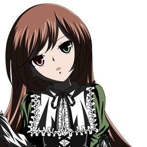 Rating: Safe Score: 0 Tags: 1girl :o black_ribbon brown_hair dress food_on_face frills green_eyes heterochromia image long_hair long_sleeves looking_at_viewer ribbon simple_background solo striped suiseiseki white_background User: admin